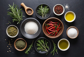 Obraz na płótnie Canvas Rosemary, Thyme, Chili, Garlic, Olive Oil, Salt, Pepper on Dark Table with Copy Space