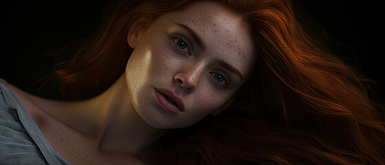 Red-Haired Woman with Freckles and a Pensive Gaze in Low Light