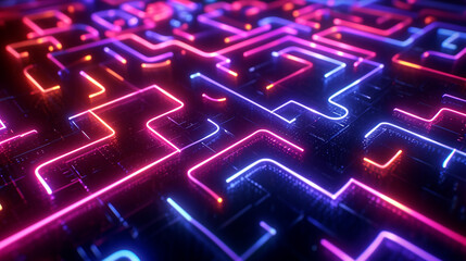 Obraz premium Mesmerizing Maze Of Neon Patterns On A Dark Surface View Technology Wallpaper