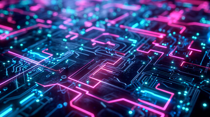 Fototapeta premium Mesmerizing Maze Of Neon Patterns On A Dark Surface Technology Wallpaper