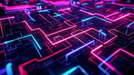 Obraz premium Mesmerizing Maze Of Neon Patterns On A Dark Surface Scene Background