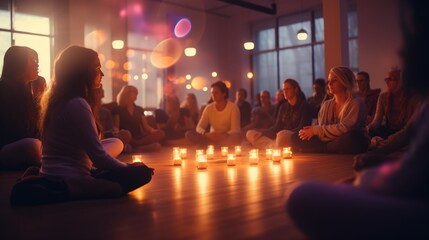 Group of diverse people meditating in a circle with candles - obrazy, fototapety, plakaty