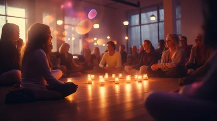 Fotobehang Group of diverse people meditating in a circle with candles © duyina1990