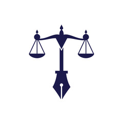 Law logo vector with judicial balance symbolic of justice scale in a pen nib. Logo vector for law, court, justice services and firms. - obrazy, fototapety, plakaty