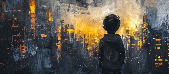 Young child defending city against darkness. Mixed media.