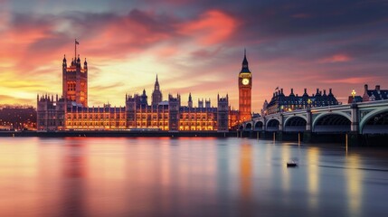 London cityscape with Houses of Parliament and Big Ben tower at sunset, UK - obrazy, fototapety, plakaty