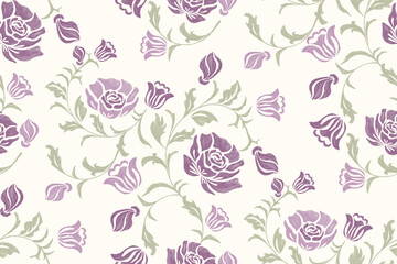 Floral pattern rose flower baroque style Europe. Rose embroidery motifs batik background border print template Ikat hand draw vector illustration. Pink violet Ink texture on white background.