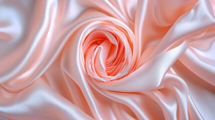 Pink rose peach white silk satin. Creases in fabric. Light luxury elegant background with space for design. Table top view, flat lay. Birthday, baby, newborn. Or a wedding, valentine. Romance, tender