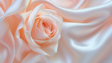 Pink rose peach white silk satin. Creases in fabric. Light luxury elegant background with space for design. Table top view, flat lay. Birthday, baby, newborn. Or a wedding, valentine. Romance, tender