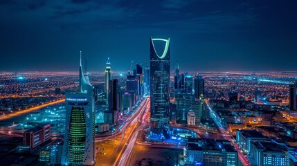 During the blue hour, the KAFD buildings in Riyadh, Saudi Arabia, stand out - obrazy, fototapety, plakaty