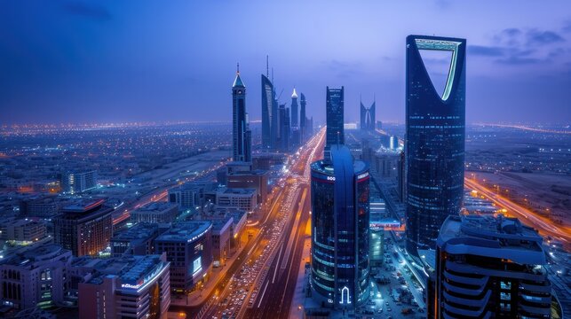 During the blue hour, the KAFD buildings in Riyadh, Saudi Arabia, stand out