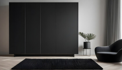 A black cupboard with a floor rug in front in a minimalistic composition. Soft shading, contrasting colors.