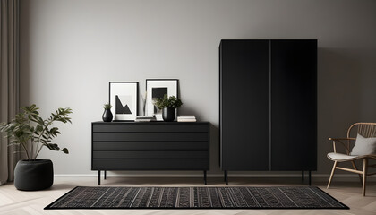 A black cupboard with a floor rug in front in a minimalistic composition. Soft shading, contrasting colors.