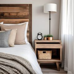 Bedside cabinet near bed. Rustic bedside cabinet near bed with beige pillows. Farmhouse interior design of modern bedroom