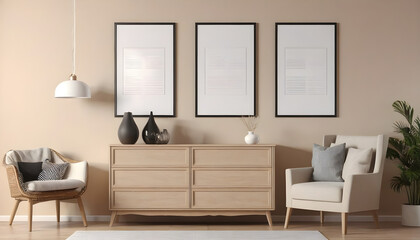 Beige living room interior with dresser and posters
