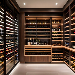Contemporary wine cooler room in a luxurious house, featuring wooden furniture, clean lines, and a stylish wine storage shelf.