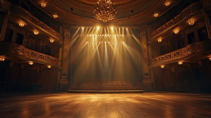 Wide shot of an Empty Elegant Classic Theatre with Spotlight Shot from the Stage. Well-lit Opera House with Beautiful Golden Decoration Ready to Recieve Audience for a Play or Ballet Show - obrazy, fototapety, plakaty