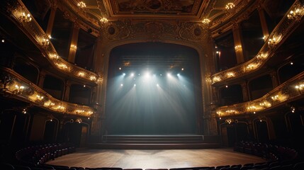 Wide shot of an Empty Elegant Classic Theatre with Spotlight Shot from the Stage. Well-lit Opera...