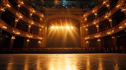 Wide shot of an Empty Elegant Classic Theatre with Spotlight Shot from the Stage. Well-lit Opera House with Beautiful Golden Decoration Ready to Recieve Audience for a Play or Ballet Show - obrazy, fototapety, plakaty