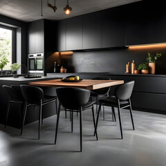 Luxury kitchen interior design with black walls, concrete floor, dark wooden countertops, black cupboards and dining table with black chairs