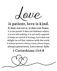 Love definition according to 1 Corinthians 13 verses 4 to 8. Minimalist design of a Christian poster. Bible scripture for wedding cards, romantic cards, notebook covers, and much more