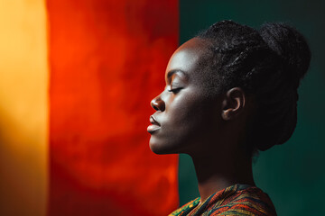 Black History Month background. African-american woman face in profile over red yellow green black colors background. June 10 freedom day. Racial equality, freedom, human rights day - obrazy, fototapety, plakaty
