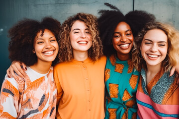 Five women of different ethnicity and cultures stand side by side together. Strong and brave girls support each other and feminist movement. Sisterhood and females friendship. - obrazy, fototapety, plakaty