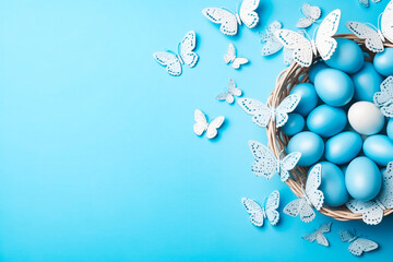 flat lay of easter eggs in basket with bunny and butterfly shapes. light blue background