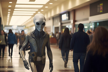 Alien walking in mall. Sci-Fi scene. Alien creature waling and running in shopping center.  - obrazy, fototapety, plakaty