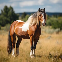 A Pinto Horse Standing in a Field of Golden Grass - obrazy, fototapety, plakaty