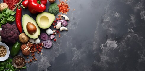 A variety of vegetables and spices on a dark background