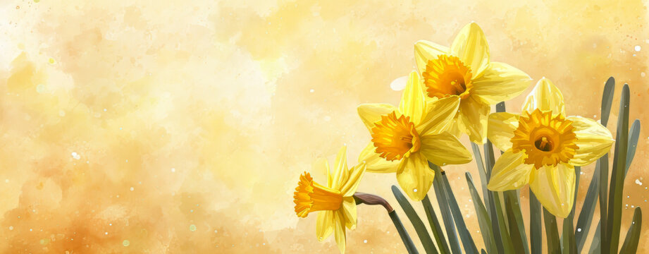 Beautiful daffodils flowers panorama with copyspace