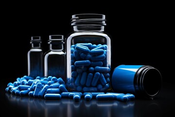 Pharmacy essentials Blue pills and bottle on a black background