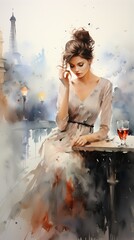 A Young Woman in a White Dress Sits at a Cafe in Paris