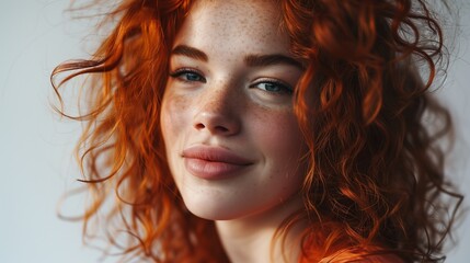 Portrait of beautiful curly ginger hair young woman with freckles on the face - obrazy, fototapety, plakaty
