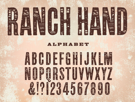 A rustic old looking wood type alphabet. Antique wooden printing letters in the style of the 1800s, good for western themes and cowboy themes.