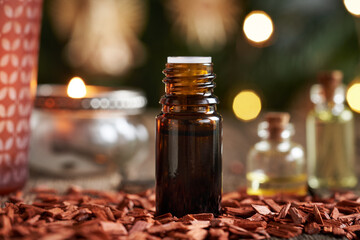 A bottle of aromatherapy essential oil with red sandalwood