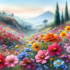 Fototapeta na wymiar Watercolor of colorful spring flowers in nature