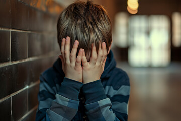 School Child Hiding Face in Hands in a Lonely Corridor