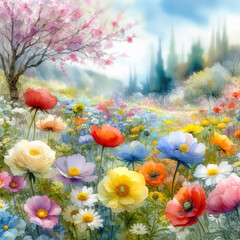 Obraz na płótnie Canvas Watercolor of colorful spring flowers in nature