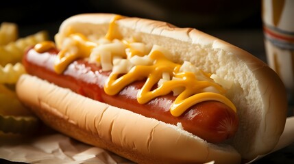 Traditional hot dog with sausage, ketchup, mustard and a milk bun, grated cheese, close-up, selective focus.