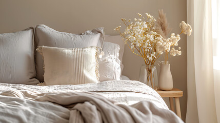Pastel beige and grey bedding on bed. Minimalist, french country interior design of modern bedroom