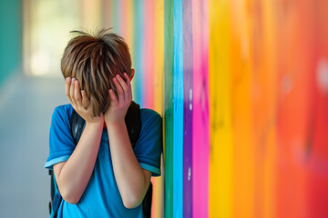 Child Experiencing Distress at School by Colorful Lockers