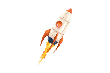 3D flight rocket with fire in cartoon cute style. Isolated spaceship as startup metaphor. Business and Science concept. Launch space ship in the cosmos. Technology icon. Vector element or illustration