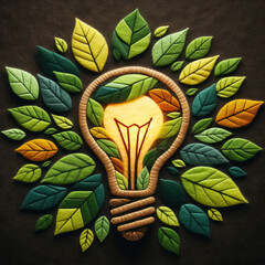 Felt art patchwork, Eco friendly lightbulb from fresh leaves, concept of Renewable Energy and Sustainable Living