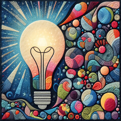 Felt art patchwork, Creative light bulb. Think differently creative idea concept