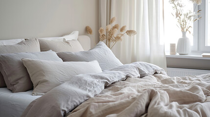 Fototapeta na wymiar Pastel beige and grey bedding on bed. Minimalist, french country interior design of modern bedroom