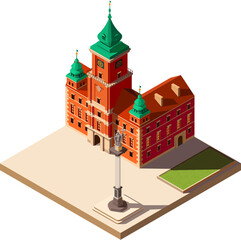 isometric royal castle on the square in warsaw in poland, vector illustration