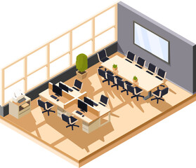 isometric office space with workplaces and conference table, vector illustration