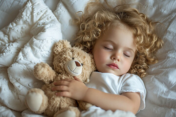 A charming little girl with blonde curly hair sleeps serenely on white bed linen, gently hugging a soft teddy bear, the concept of sleep and rest, healthy lifestyle and development